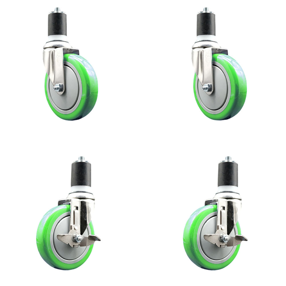 Polyurethane Swivel Stem Caster with 5 in. Green Caster Wheels, 1.87 in. Expanding Stems - 316 Stainless Steel Casters - Set of 4