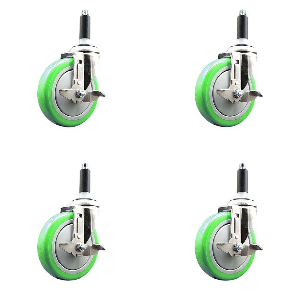 Polyurethane Swivel Stem Caster with 5 in. Green Caster Wheels, 0.87 in. Expanding Stems - 316 Stainless Steel Casters - Set of 4