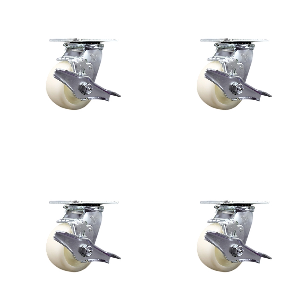 SCC-SS30S420-NYR-TLB-4 Stainless Steel Nylon Swivel Top Plate Casters, Heavy Duty with 4 in. Wheels - 3200 lbs Total Capacity - Set of 4