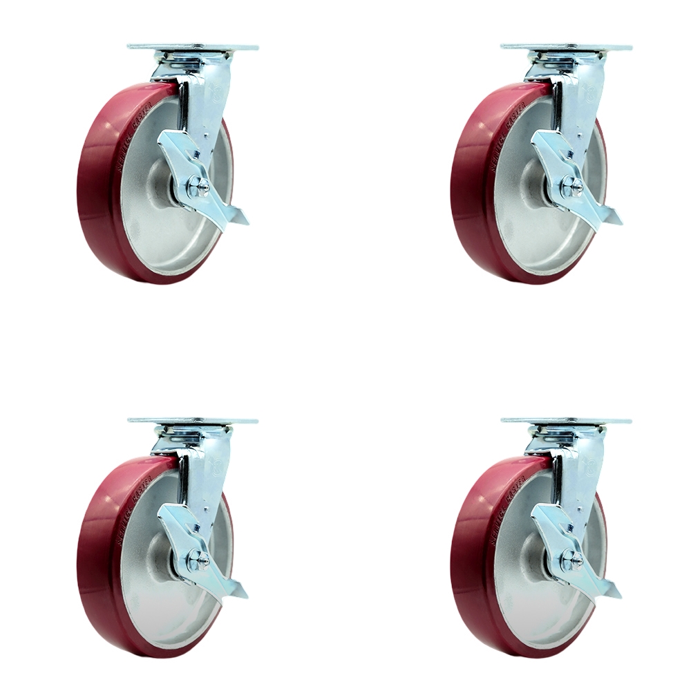Stainless Steel Polyurethane on Aluminum Swivel Top Plate Casters, Heavy Duty with 8 in. Wheels - 5000 lbs Total Capacity - Set of 4