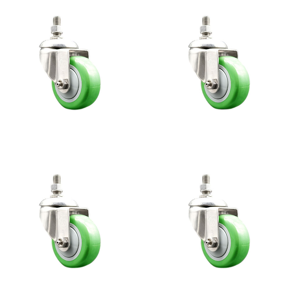 Polyurethane Swivel Stem Caster with 3 in. Green Caster Wheels, 0.38 in. Threaded Stems - 316 Stainless Steel Casters - Set of 4