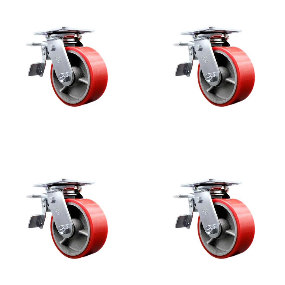 SCC-TTL30S520-PUR-RS-4 Polyurethane on Cast Iron Swivel Top Plate Casters, Heavy Duty with 5 in. Red Wheels - 4000 lbs Total Capacity - Set of 4