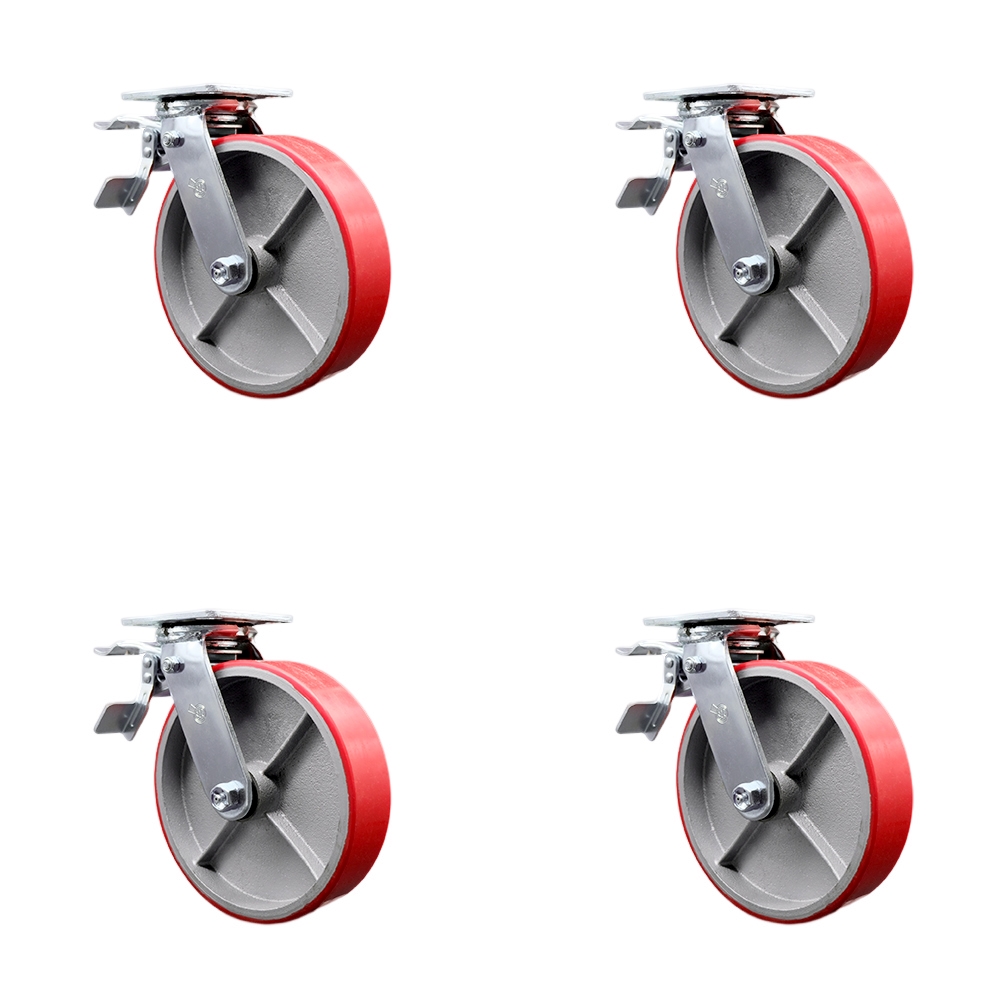 SCC-TTL30S820-PUR-RS-4 Polyurethane on Cast Iron Swivel Top Plate Casters, Heavy Duty with 8 in. Red Wheels - 5000 lbs Total Capacity - Set of 4