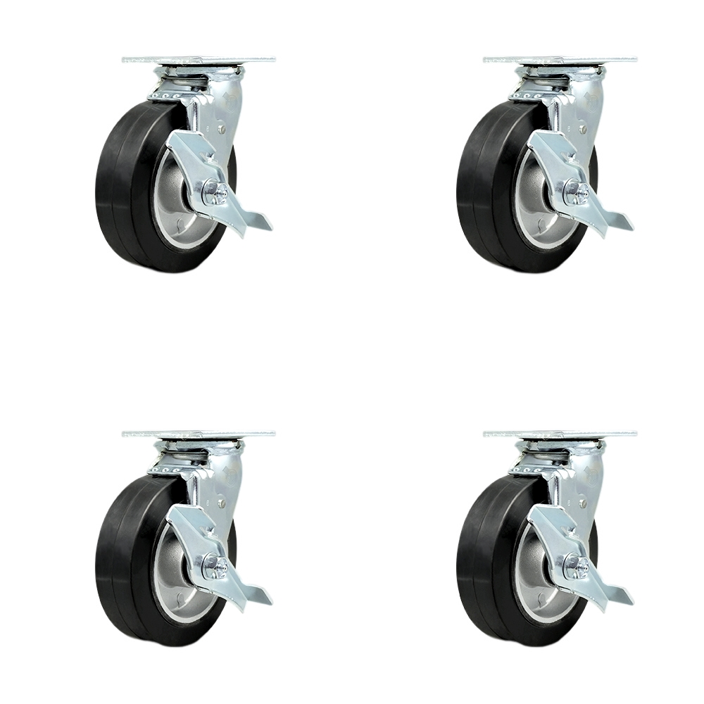 SCC-30CS620-RAR-TLB-BSL-4 Rubber on Aluminum Swivel Top Plate Casters, Heavy Duty with 6 in. Wheels - 2200 lbs Total Capacity - Set of 4