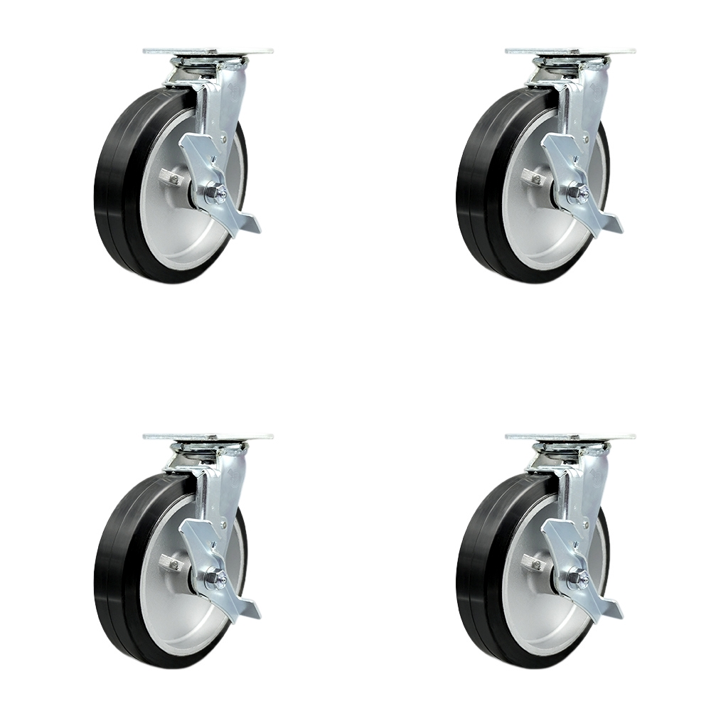 SCC-30CS820-RAR-TLB-BSL-4 Rubber on Aluminum Swivel Top Plate Casters, Heavy Duty with 8 in. Wheels - 2400 lbs Total Capacity - Set of 4