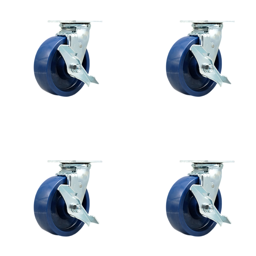 SCC-SS30S620-SPUR-TLB-BSL-4 Stainless Steel Solid Polyurethane Swivel Top Plate Casters, Heavy Duty with 6 in. Wheels - Set of 4