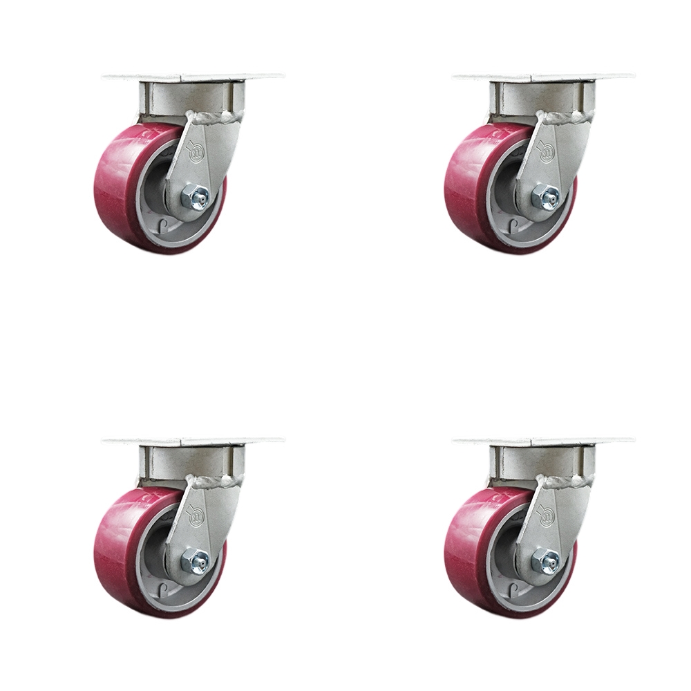 SCC-KP30S420-PAR-4 Kingpinless Polyurethane on Aluminum Swivel Top Plate Caster with 4 x 2 in. Maroon Wheels - 2800 lbs Total Capacity - Set of 4