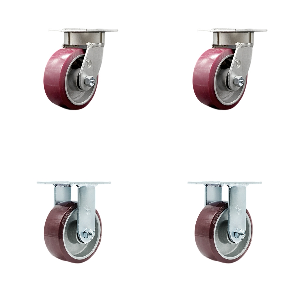 SCC-KP30S520-PAR-2-R-2 Kingpinless Polyurethane on Aluminum Swivel Top Plate Caster with 5 x 2 in. Maroon Wheels - 3600 lbs Total Capacity - Set of 4