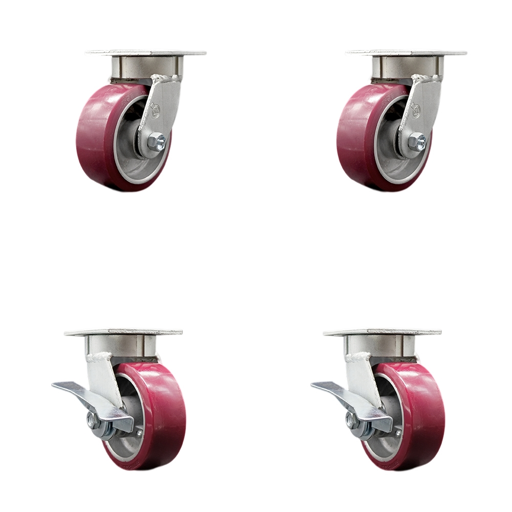 Kingpinless Polyurethane on Aluminum Swivel Top Plate Caster with 5 x 2 in. Maroon Wheels - 3600 lbs Total Capacity - Set of 4
