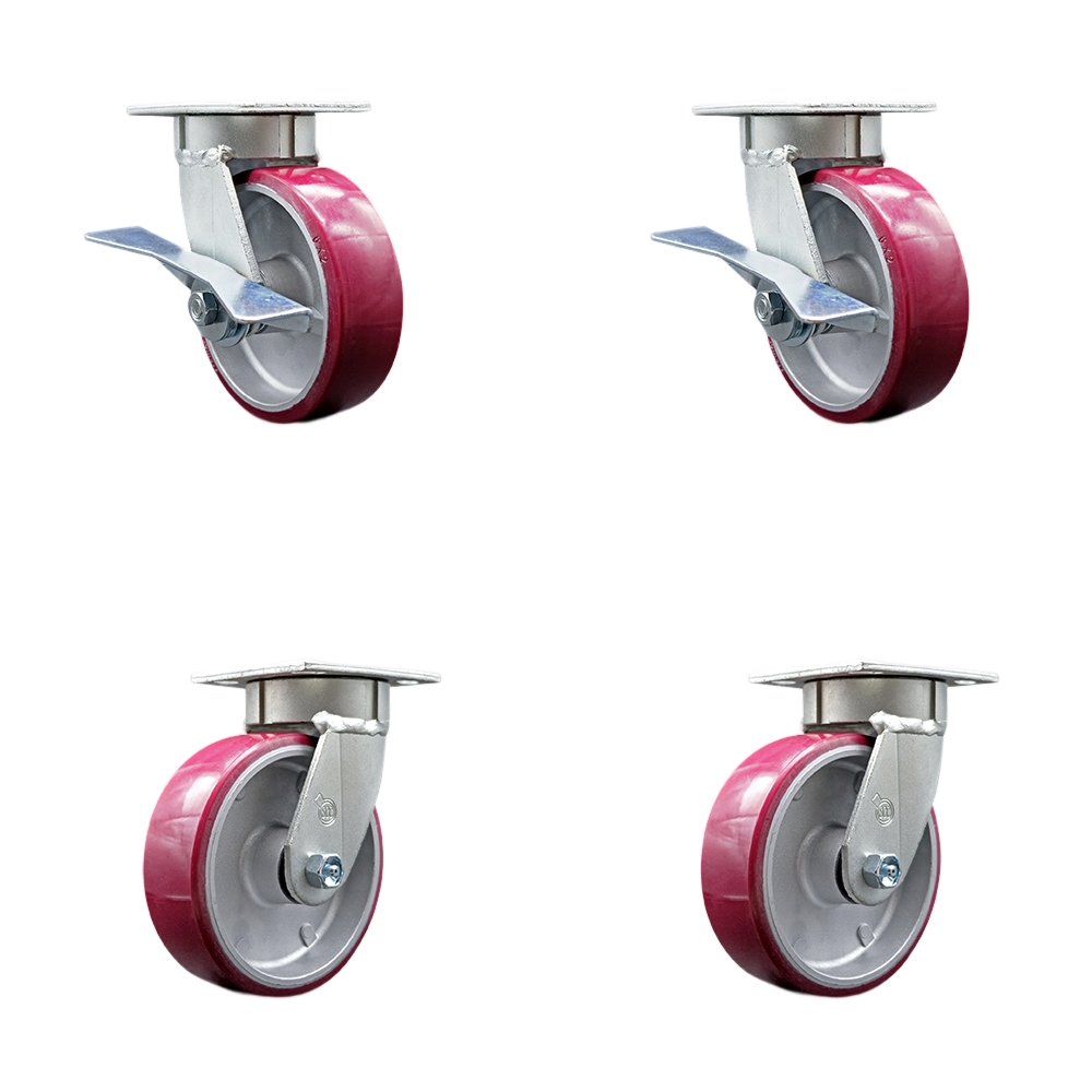 SCC-KP30S620-PAR-SLB-BSL-2-BSL-2 Kingpinless Poly on Aluminum Swivel Top Plate Caster with 6 x 2 in. Maroon Wheels - 4800 lbs Capacity - Set of 4