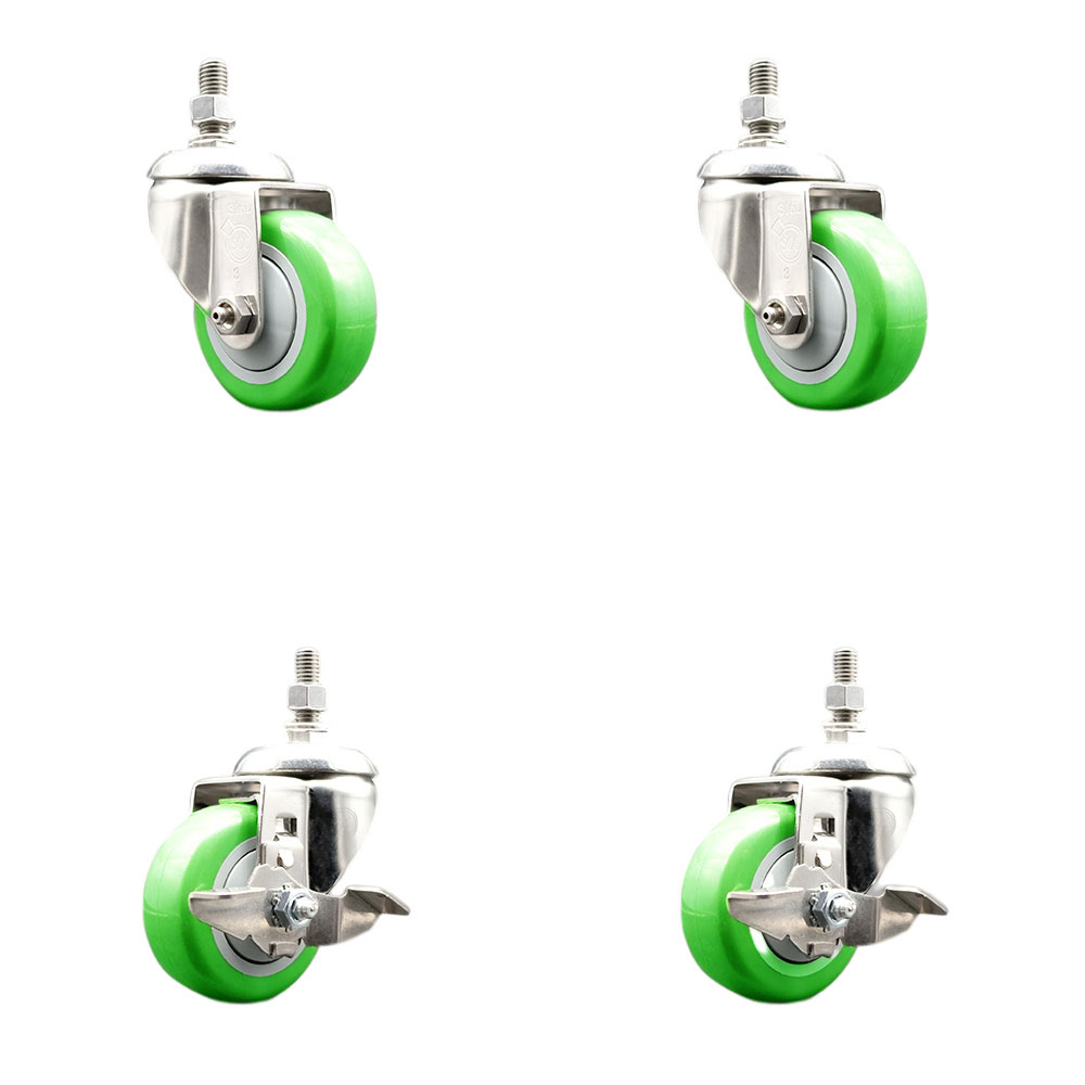 Poly Swivel Stem Caster with 3 in. Green Caster Wheels, 12 mm Threaded Stems - 316 Stainless Steel Casters - Set of 4