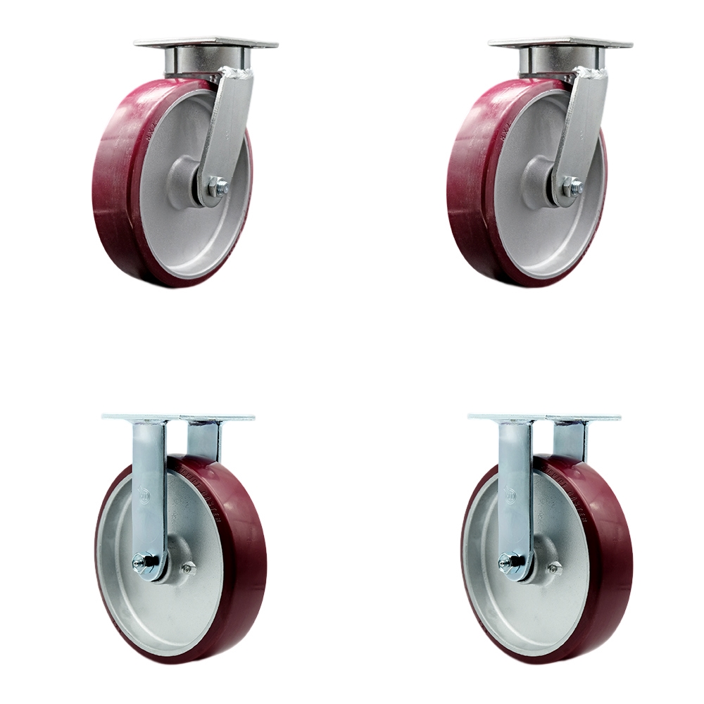 SCC-KP30S820-PAR-2-R-2 Kingpinless Polyurethane on Aluminum Swivel Top Plate Caster with 8 x 2 in. Maroon Wheels - 5000 lbs Total Capacity - Set of 4
