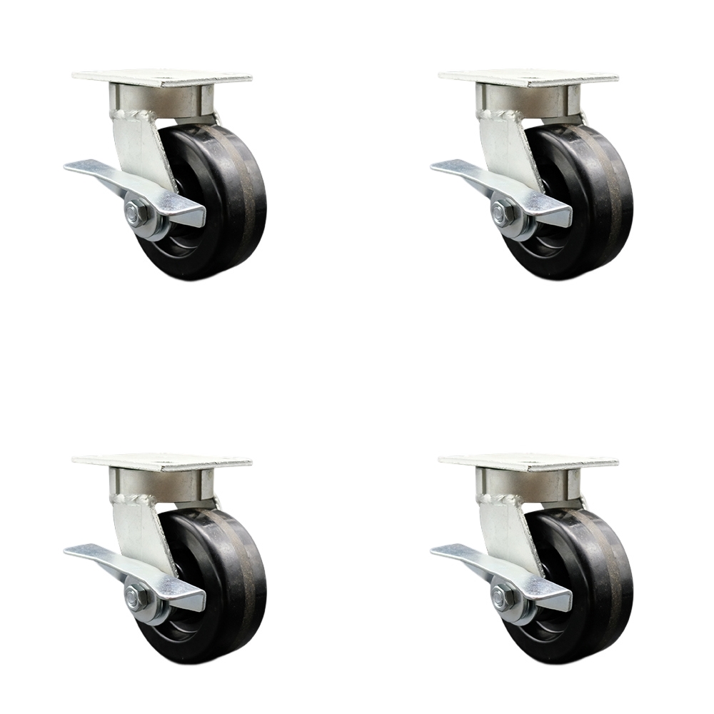 SCC-KP30S520-PHR-SLB-BSL-4 Kingpinless Phenolic Swivel Top Plate Caster with 5 x 2 in. Black Wheels - 4000 lbs Total Capacity - Set of 4