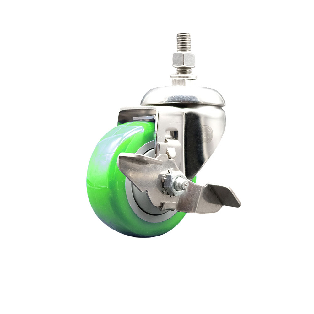 Polyurethane Swivel Stem Caster with 3 in. Green Caster Wheels & Top Lock Brake, 12 mm Threaded Stem - 316 Stainless Steel Caster