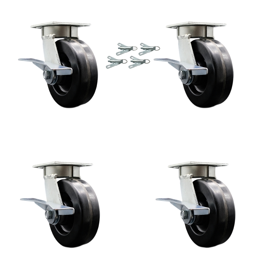 SCC-KP30S620-PHR-SLB-BSL-4 Kingpinless Phenolic Swivel Top Plate Caster with 6 x 2 in. Black Wheels - 4800 lbs Total Capacity - Set of 4