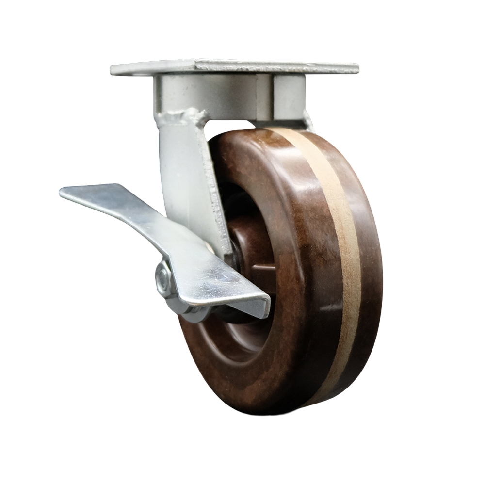 Kingpinless High Temperature Phenolic Swivel Top Plate Caster with 6 x 2 in. Brown Wheel & Side Lock Brake - 1200 lbs Capacity per Caster