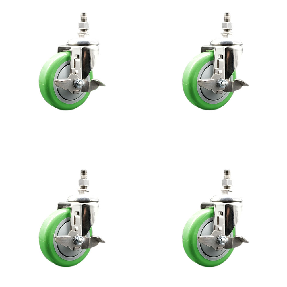Polyurethane Swivel Stem Caster with 4 in. Green Caster Wheels, 0.38 in. Threaded Stems - 316 Stainless Steel Casters - Set of 4