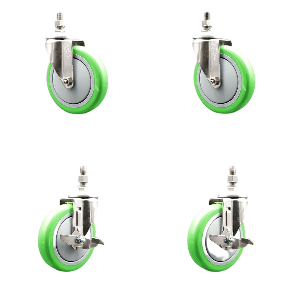 Poly Swivel Stem Caster with 5 in. Green Caster Wheels, 0.38 in. Threaded Stems - 316 Stainless Steel Casters - Set of 4