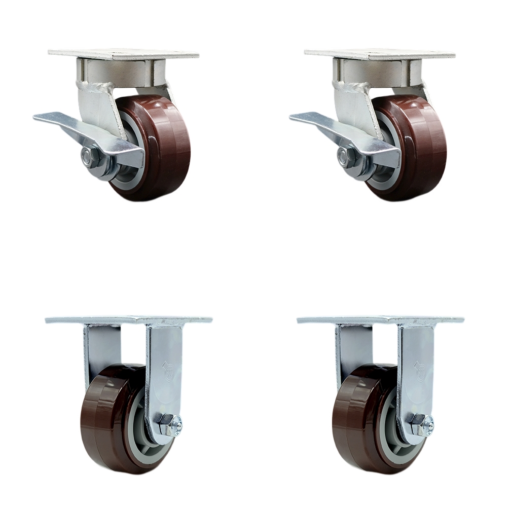 Kingpinless Polyurethane on Polyolefin Swivel Top Plate Caster with 5 x 2 in. Maroon Wheels - 3000 lbs Total Capacity - Set of 4