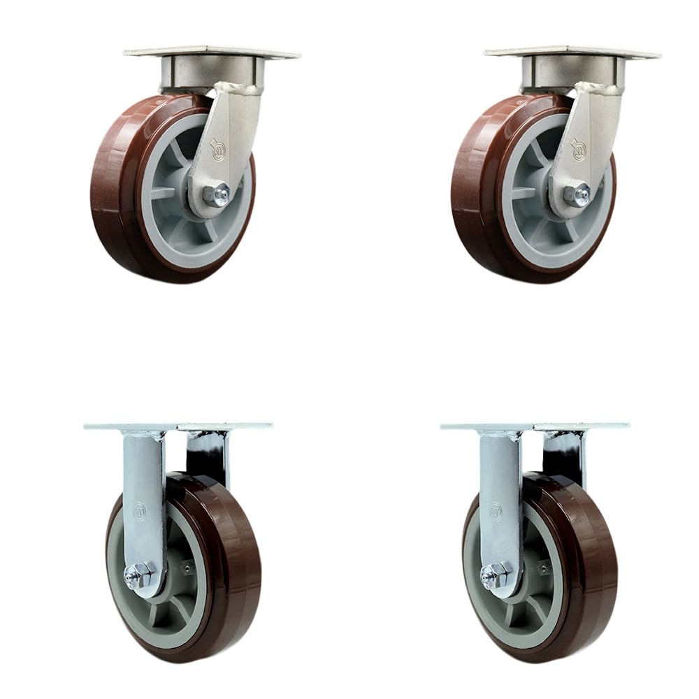 Kingpinless Polyurethane on Polyolefin Swivel Top Plate Caster with 6 x 2 in. Maroon Wheels - 3600 lbs Total Capacity - Set of 4