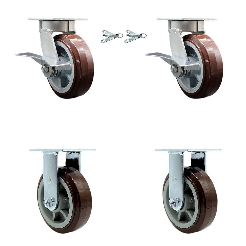 Kingpinless Polyurethane on Polyolefin Swivel Top Plate Caster with 6 x 2 in. Maroon Wheels - 3600 lbs Total Capacity - Set of 4