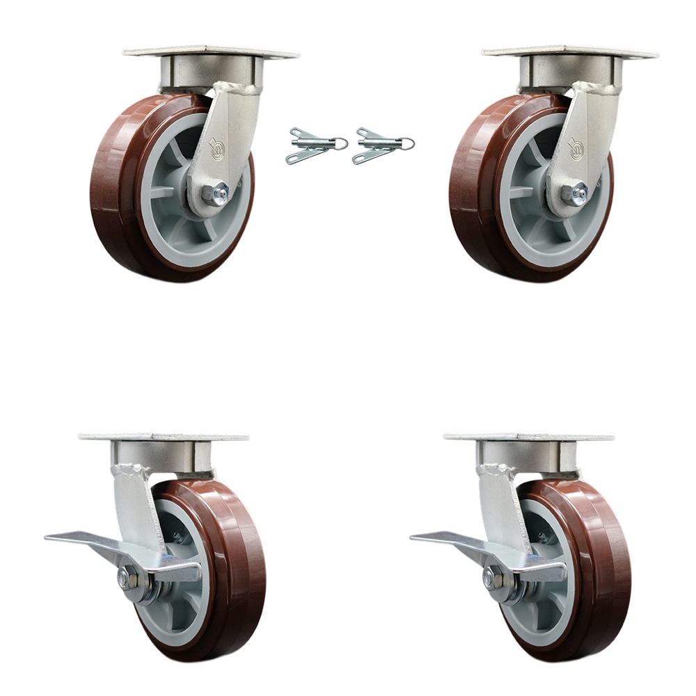 Kingpinless Polyurethane on Polyolefin Swivel Top Plate Caster with 6 x 2 in. Maroon Wheels - 3600 lbs Capacity - Set of 4