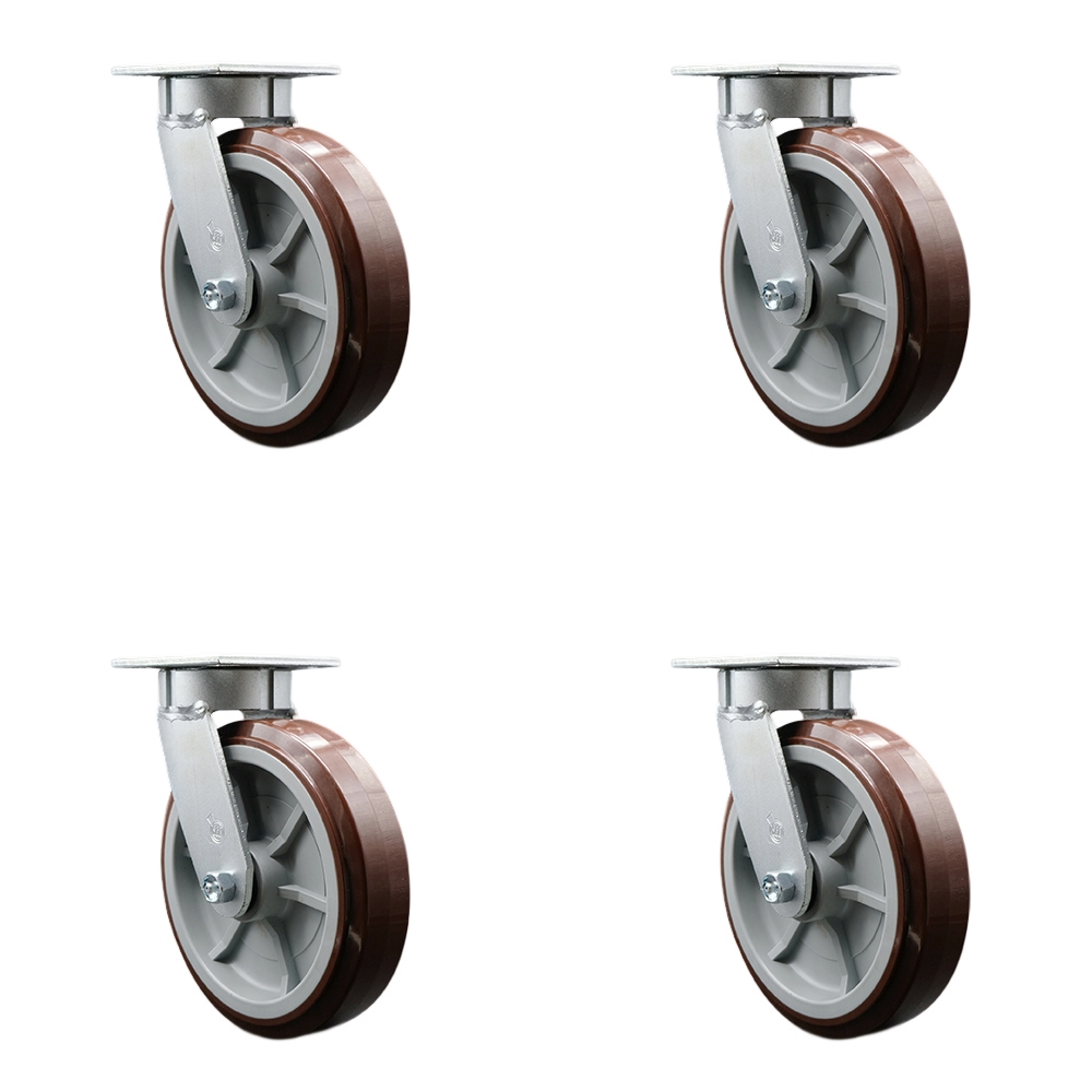 SCC-KP30S820-PPUR-4 Kingpinless Polyurethane on Polyolefin Swivel Top Plate Caster with 8 x 2 in. Maroon Wheels - 4000 lbs Total Capacity - Set of 4