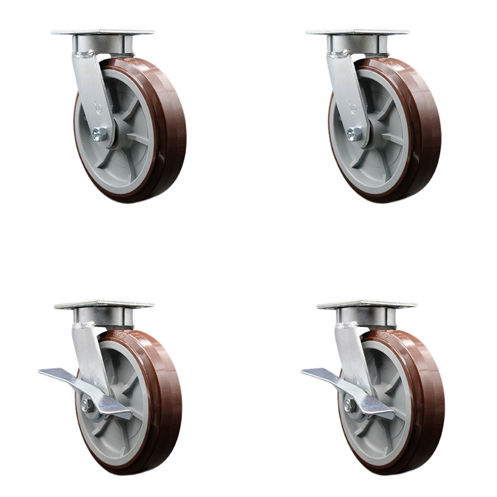 Kingpinless Polyurethane on Polyolefin Swivel Top Plate Caster with 8 x 2 in. Maroon Wheels - 4000 lbs Total Capacity - Set of 4