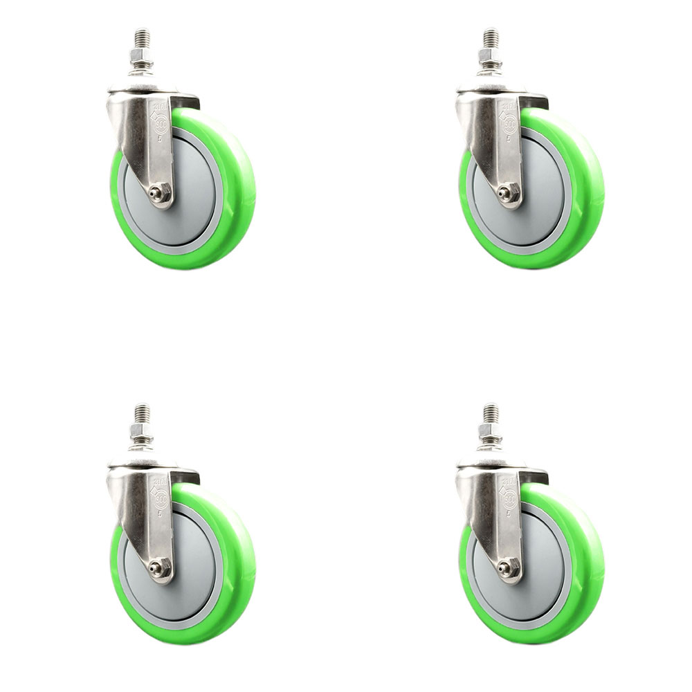 Polyurethane Swivel Stem Caster with 5 in. Green Caster Wheels, 12 mm Threaded Stems - 316 Stainless Steel Casters - Set of 4