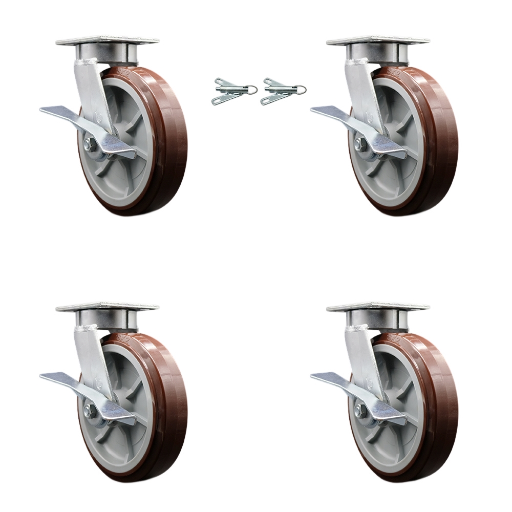 SCC-KP30S820-PPUR-SLB-BSL-2-SLB-2 Kingpinless Poly on Polyolefin Swivel Top Plate Caster with 8 x 2 in. Maroon Wheels - 4000 lbs Capacity - Set of 4
