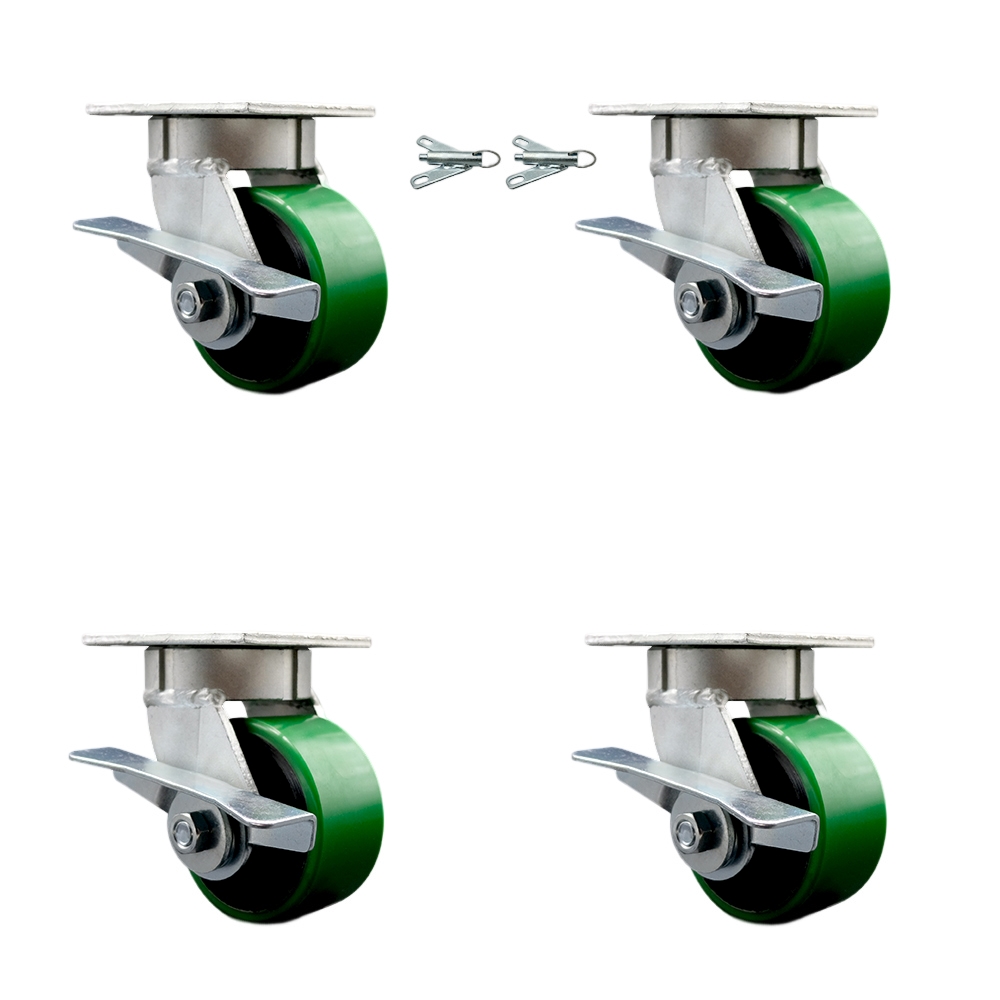 SCC-KP30S420-PUR-GB-SLB-BSL-2-SLB-2 Kingpinless Poly on Cast Iron Swivel Top Plate Caster with 4 x 2 in. Green Wheels - 2800 lbs Capacity - Set of 4