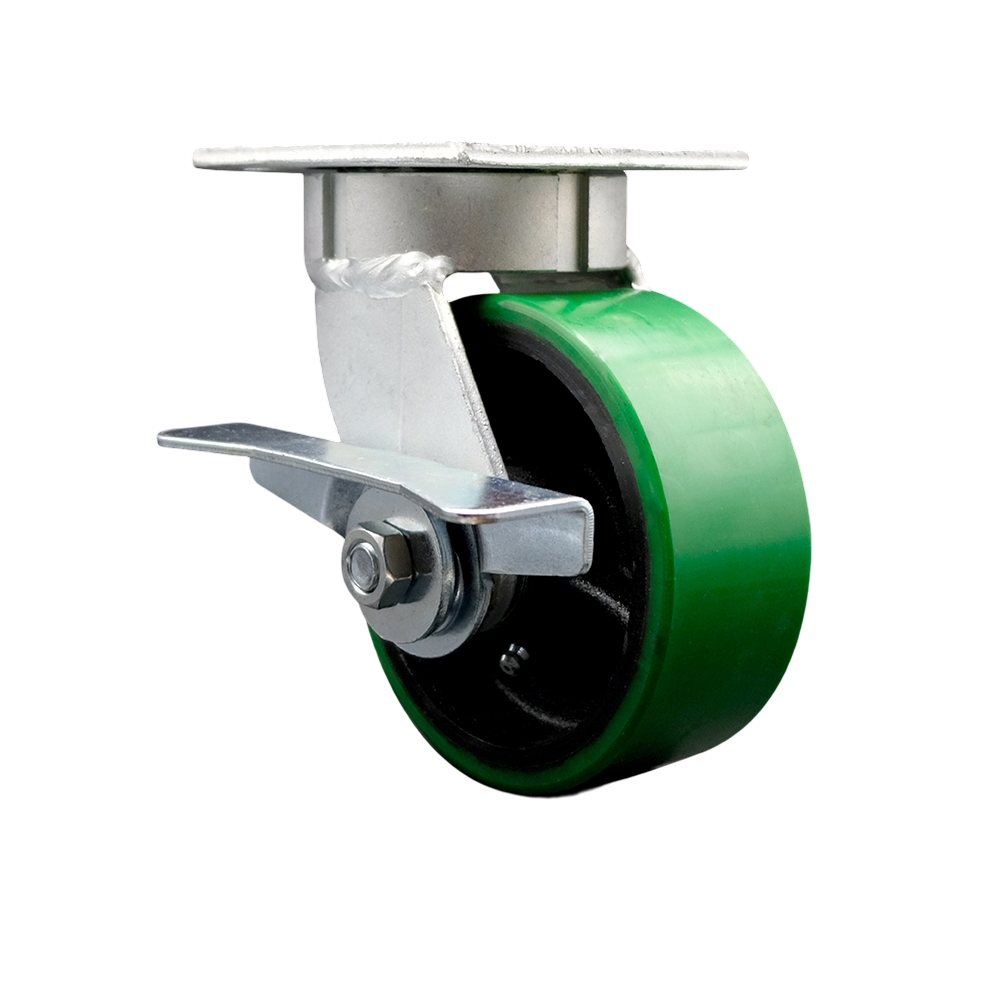 Kingpinless Polyurethane on Cast Iron Swivel Top Plate Caster with 5 x 2 in. Green Wheel & Side Lock Brake - 900 lbs Capacity per Caster