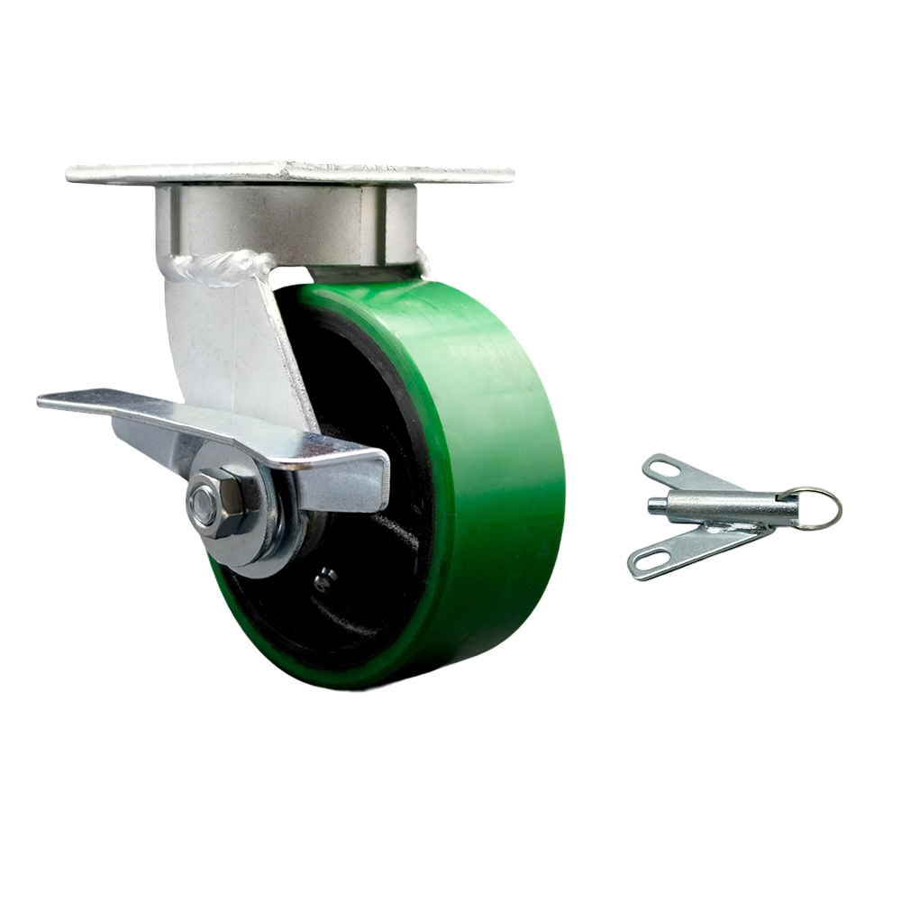 Kingpinless Polyurethane on Cast Iron Swivel Top Plate Caster with 5 x 2 in. Green Wheel & Side Lock Brake & Bolt on Swivel Lock - 900 lbs Capacity