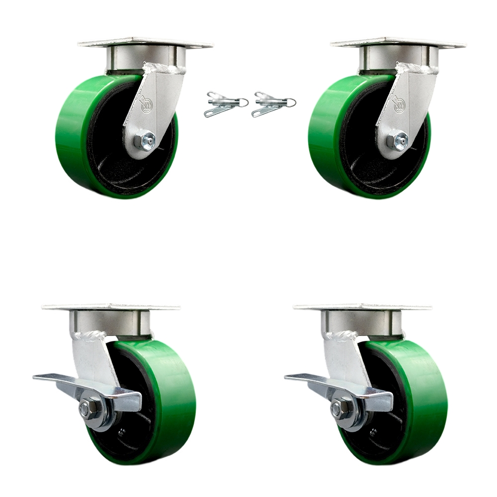 Kingpinless Polyurethane on Cast Iron Swivel Top Plate Caster with 5 x 2 in. Green Wheels - 3600 lbs Capacity - Set of 4
