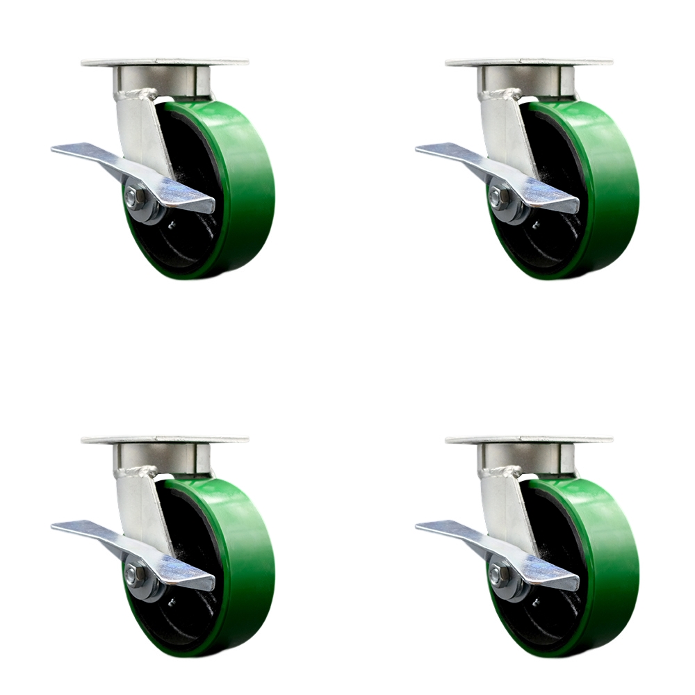 Kingpinless Polyurethane on Cast Iron Swivel Top Plate Caster with 6 x 2 in. Green Wheels - 4800 lbs Total Capacity - Set of 4