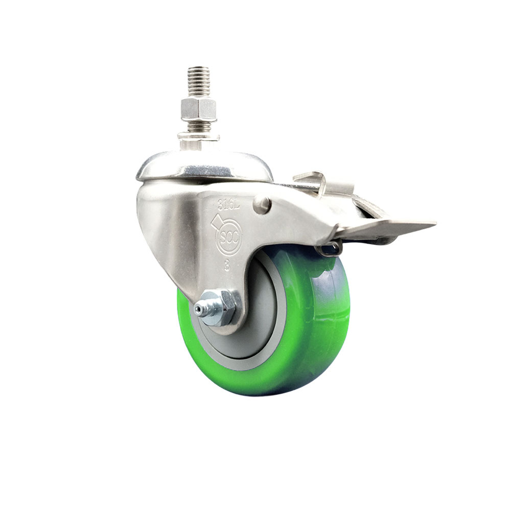 Polyurethane Swivel Stem Caster with 3 in. Green Caster Wheels & Total Lock Brake, 10 mm Threaded Stem - 316 Stainless Steel Caster