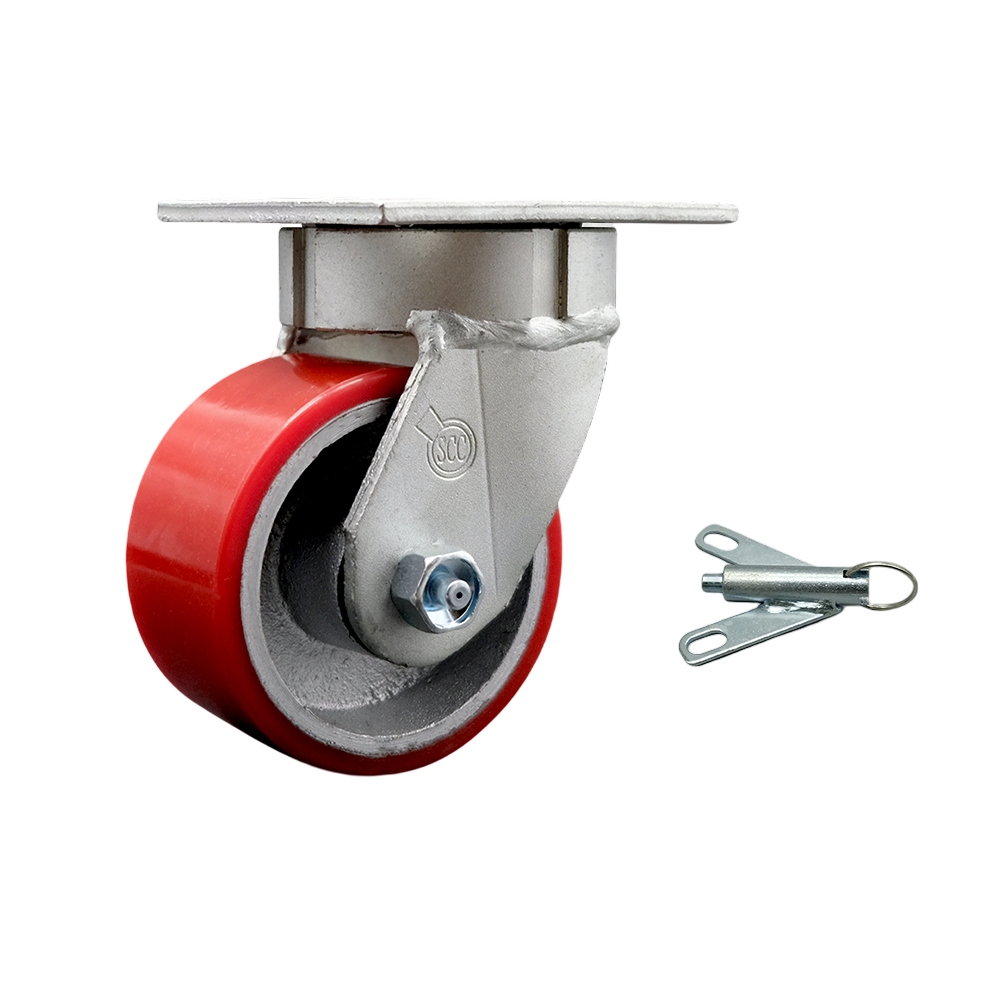 Kingpinless Polyurethane on Cast Iron Swivel Top Plate Caster with 4 x 2 in. Red Wheel & Bolt on Swivel Lock - 700 lbs Capacity per Caster