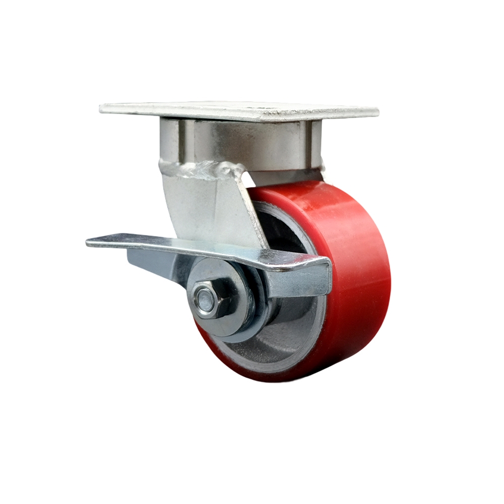 Kingpinless Polyurethane on Cast Iron Swivel Top Plate Caster with 4 x 2 in. Red Wheel & Side Lock Brake - 700 lbs Capacity per Caster