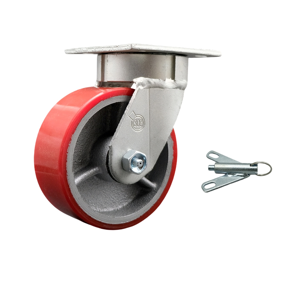 Kingpinless Polyurethane on Cast Iron Swivel Top Plate Caster with 5 x 2 in. Red Wheel & Bolt on Swivel Lock - 900 lbs Capacity per Caster