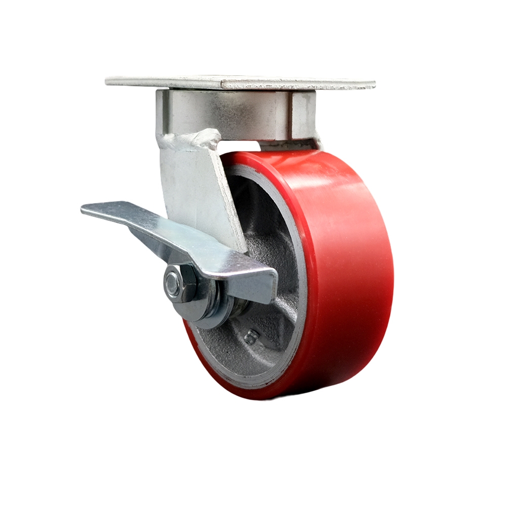 Kingpinless Polyurethane on Cast Iron Swivel Top Plate Caster with 5 x 2 in. Red Wheel & Side Lock Brake - 900 lbs Capacity per Caster