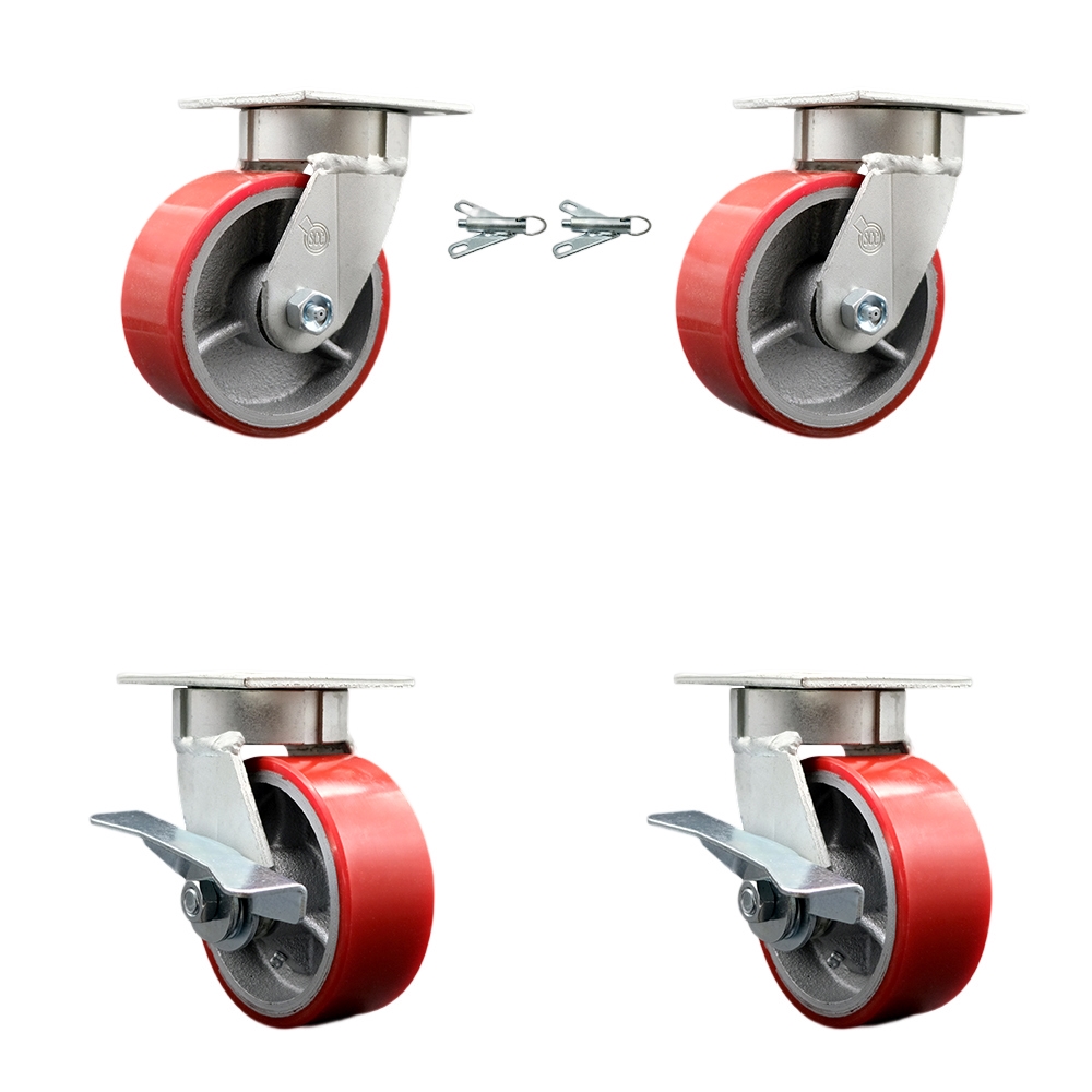 Kingpinless Polyurethane on Cast Iron Swivel Top Plate Caster with 5 x 2 in. Red Wheels - 3600 lbs Capacity - Set of 4