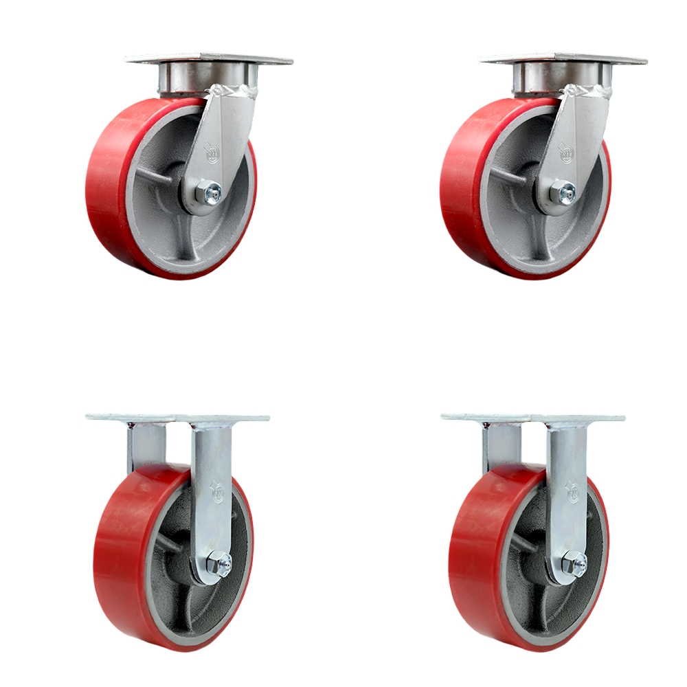 Kingpinless Polyurethane on Cast Iron Swivel Top Plate Caster with 6 x 2 in. Red Wheels - 4800 lbs Total Capacity - Set of 4