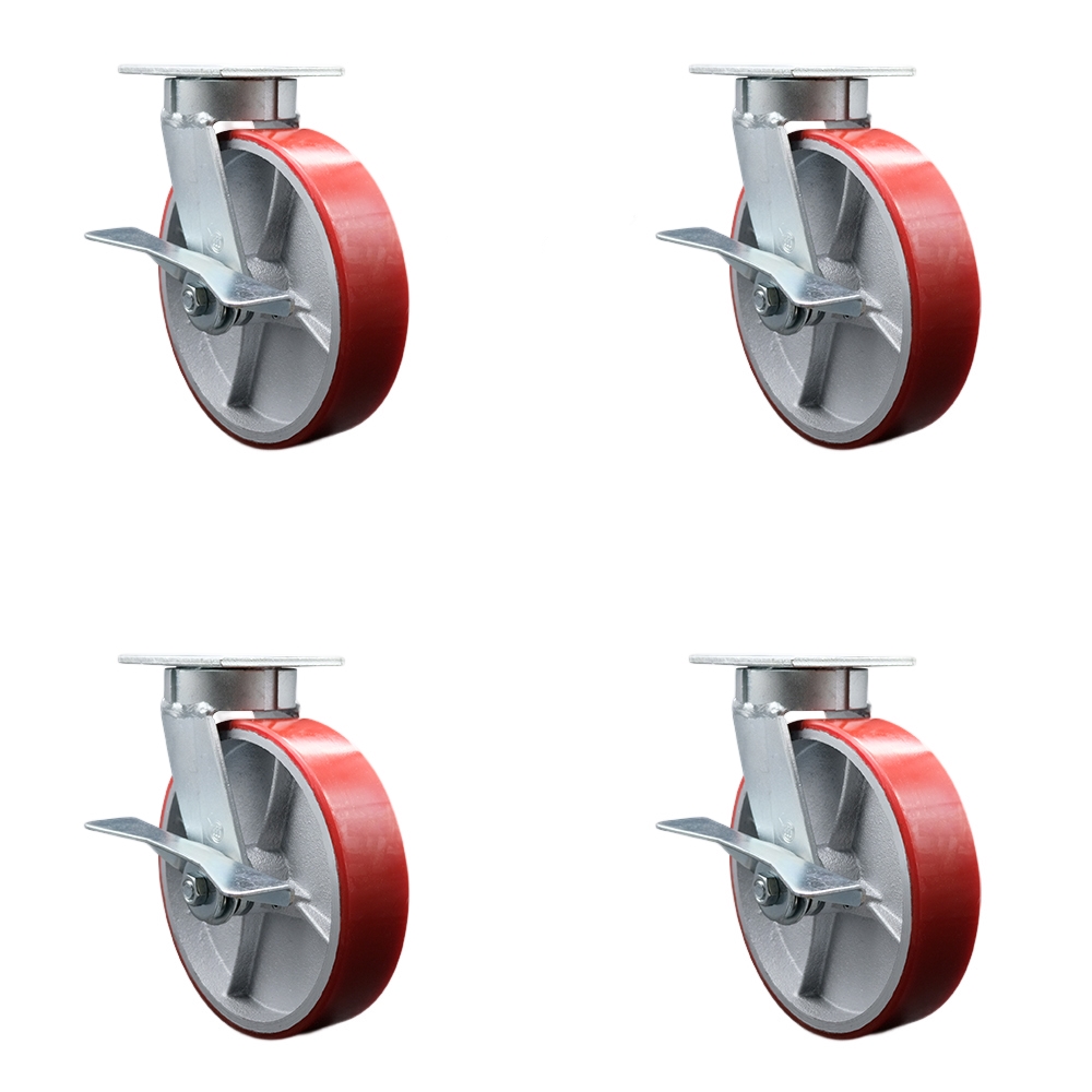 Kingpinless Polyurethane on Cast Iron Swivel Top Plate Caster with 8 x 2 in. Red Wheels - 5000 lbs Total Capacity - Set of 4