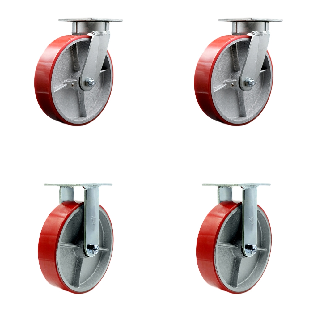 Kingpinless Polyurethane on Cast Iron Swivel Top Plate Caster with 8 x 2 in. Red Wheels - 5000 lbs Total Capacity - Set of 4
