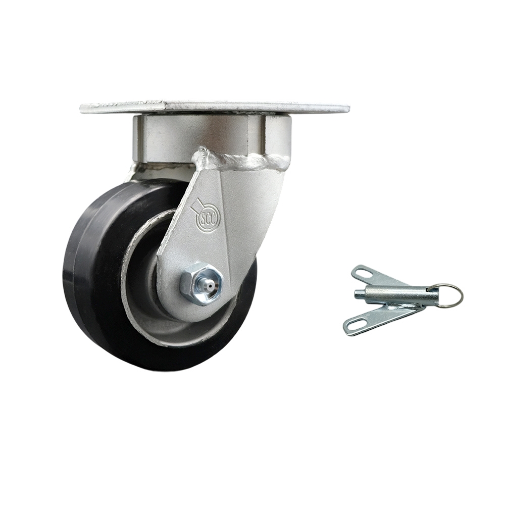 Kingpinless Rubber on Aluminum Swivel Top Plate Caster with 4 x 2 in. Black Wheel & Bolt on Swivel Lock - 400 lbs Capacity per Caster