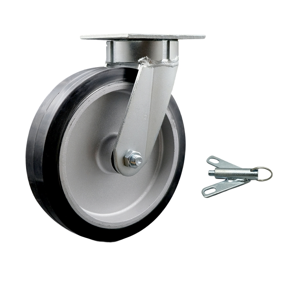 Kingpinless Rubber on Aluminum Swivel Top Plate Caster with 8 x 2 in. Black Wheel & Bolt on Swivel Lock - 600 lbs Capacity per Caster