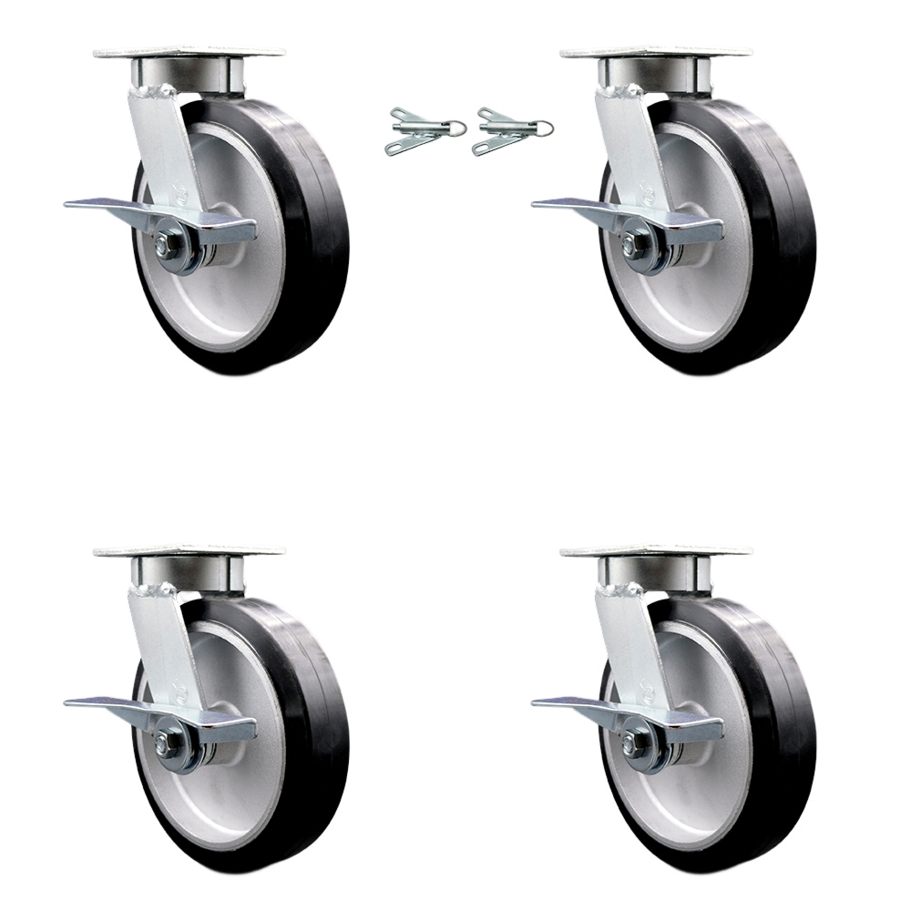 SCC-KP30S820-RAR-SLB-BSL-2-SLB-2 Kingpinless Rubber on Aluminum Swivel Top Plate Caster with 8 x 2 in. Black Wheels - 2400 lbs Capacity - Set of 4