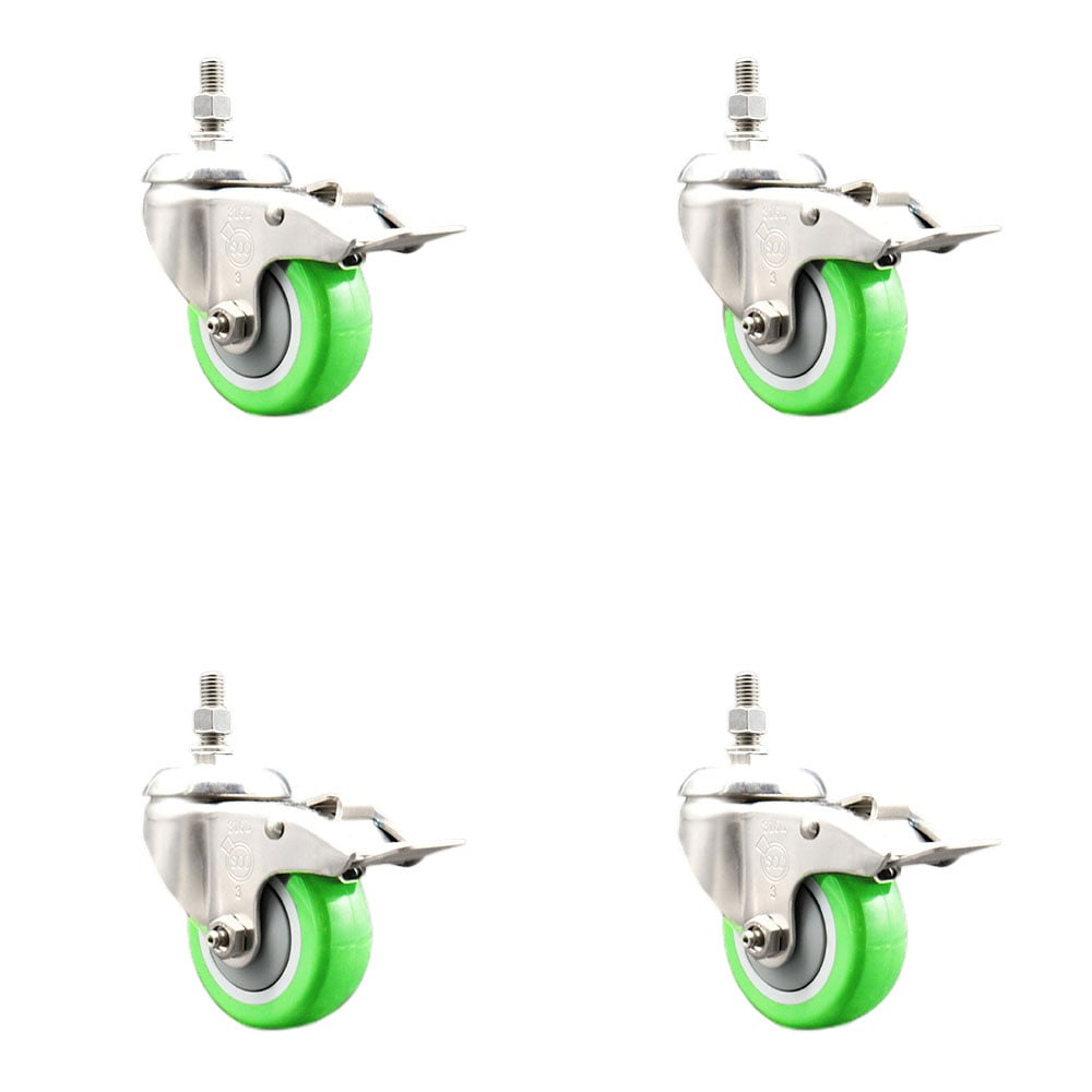 Polyurethane Swivel Stem Caster with 3 in. Green Caster Wheels, 12 mm Threaded Stems - 316 Stainless Steel Casters - Set of 4