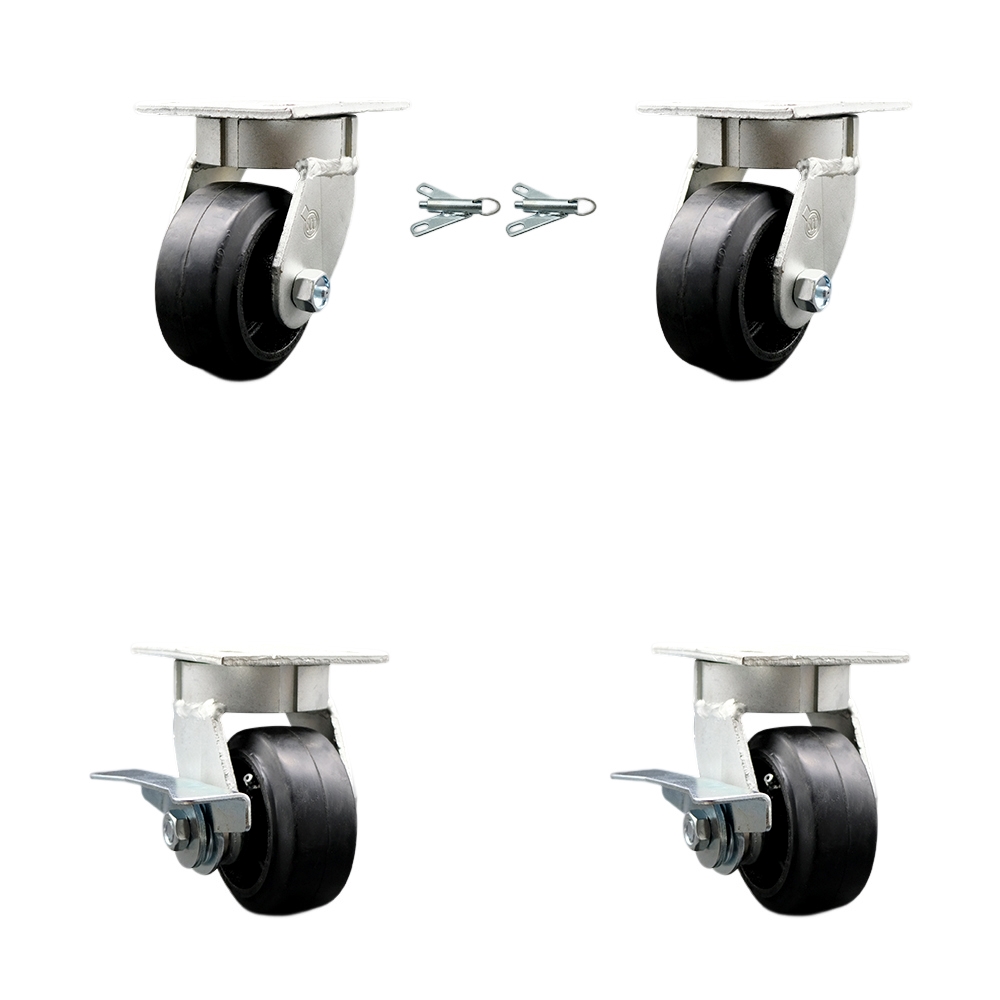 SCC-KP30S420-RSR-BSL-2-SLB-2 Kingpinless Rubber on Cast Iron Swivel Top Plate Caster with 4 x 2 in. Black Wheels - 1600 lbs Total Capacity - Set of 4