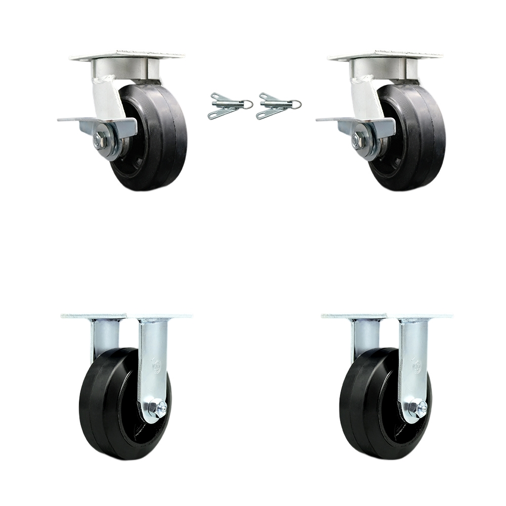 Kingpinless Rubber on Cast Iron Swivel Top Plate Caster with 5 x 2 in. Black Wheels - 1600 lbs Total Capacity - Set of 4